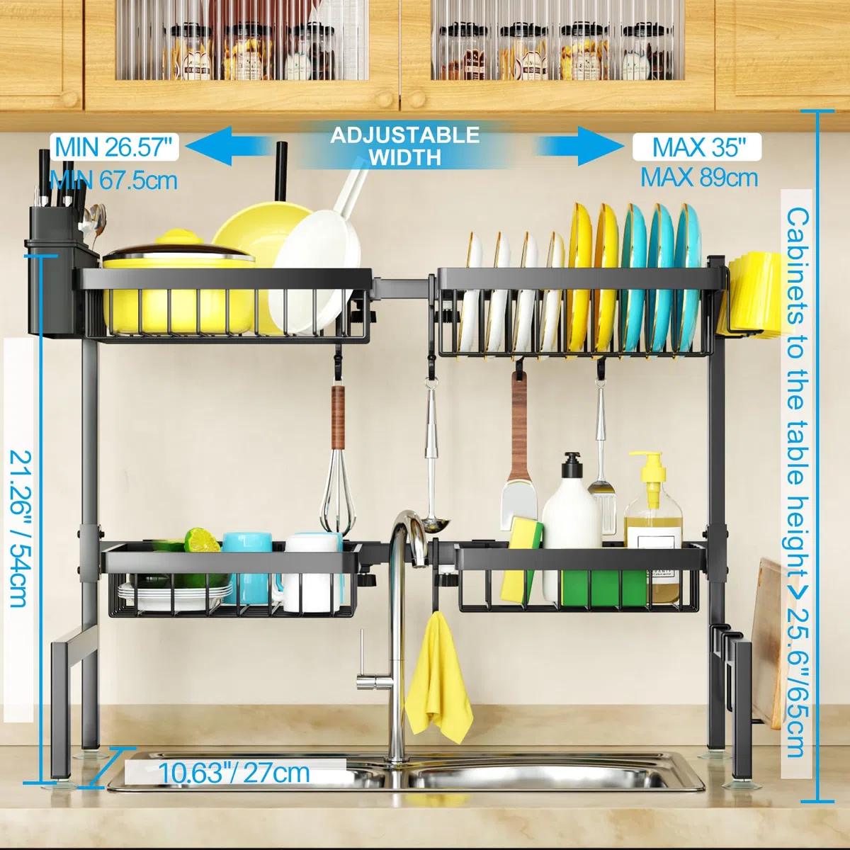 SNSLXH Escurridor de Platos de 2 Niveles, 4 cestas sobre el Fregadero, 67.5 cm-89.9 cm, Estante Grande para Fregadero para Cocina, Extensible y Ajustable, Ahorra Espacio en la Cocina
