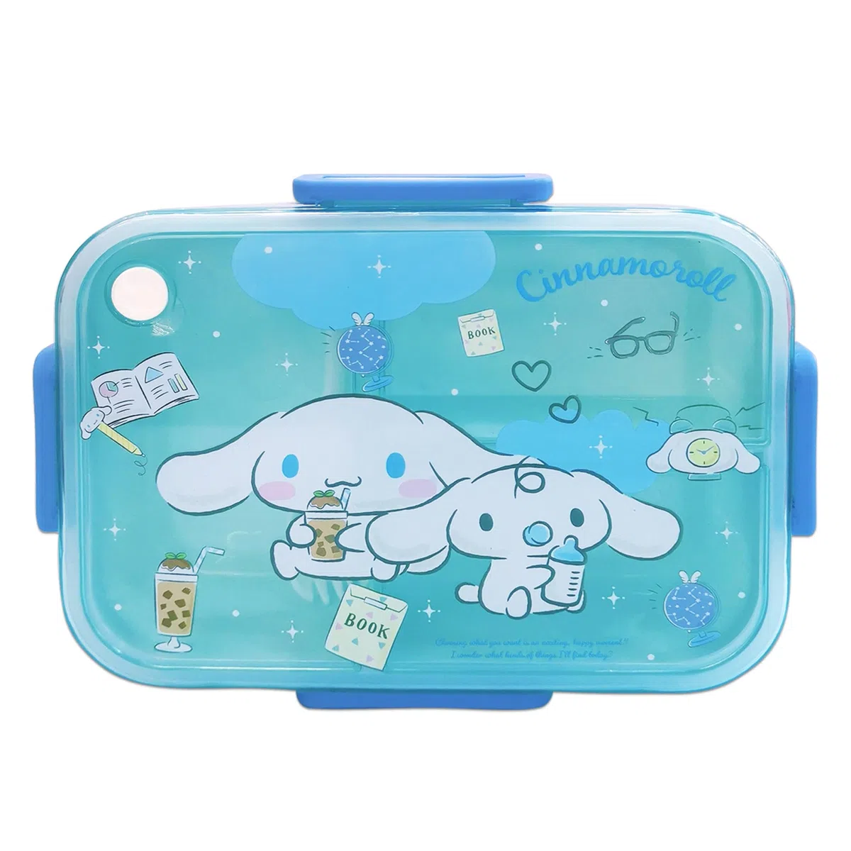 Roffatide Cinnamoroll Imprimir una caja de almuerzo integrada con cuchara kawaii cerradura de 4 puntos para bocadillos de alimentos y frutas