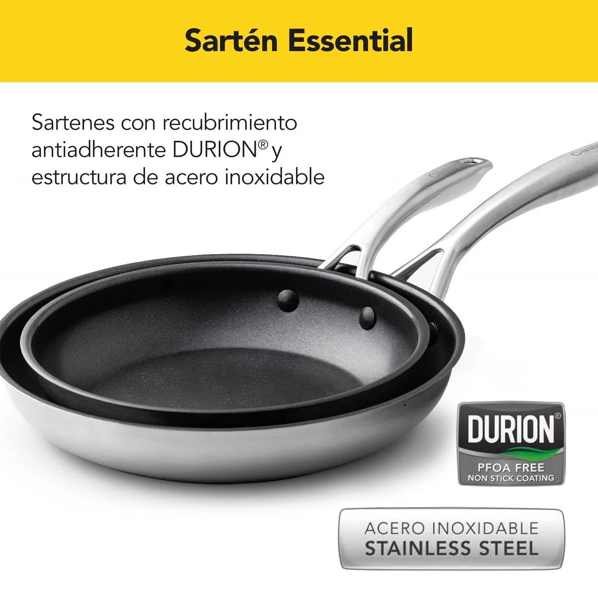 Castey - Sartén Antiadherente Inox Essentials, Modelo EA-S30, Color Plata, Tamaño 30 cm, Acero inoxidable Revestimiento Antiadherente, Apta para Todas las Cocinas, Recubrimiento Durión
