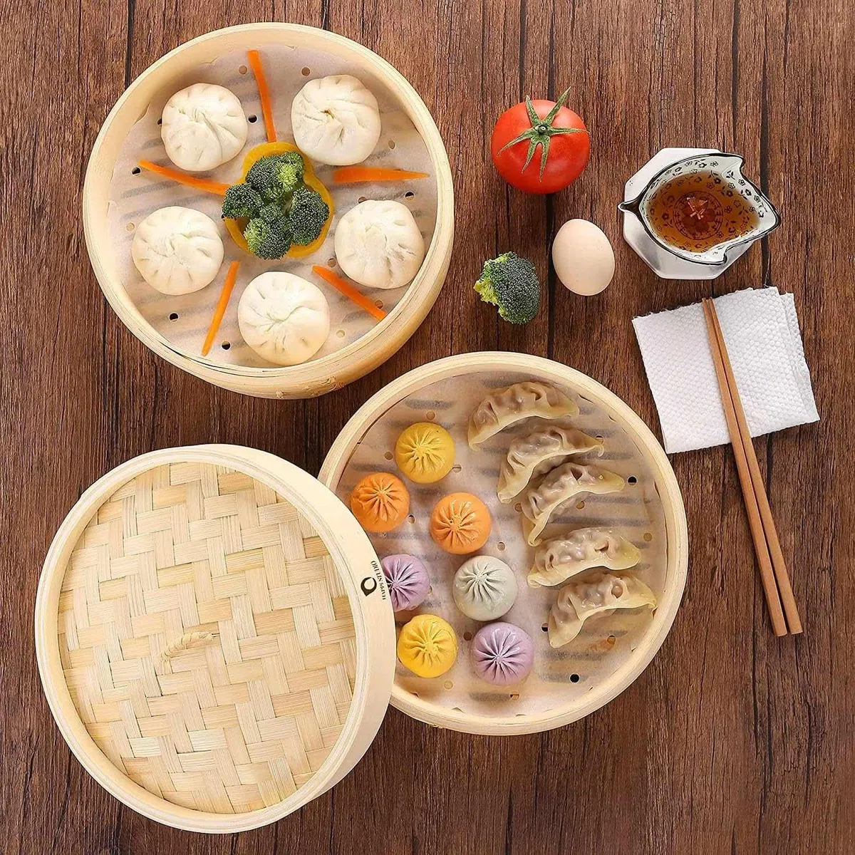 CHEFZOCO Cesta de Vapor de Bambú para Cocinar Asiático, Steamer de bambú, Canasta para vapor, Vaporera de bambú, Dim sum basket, Diámetro 24 cm, Altura 15.3 cm, 2 pisos, 800 gramos