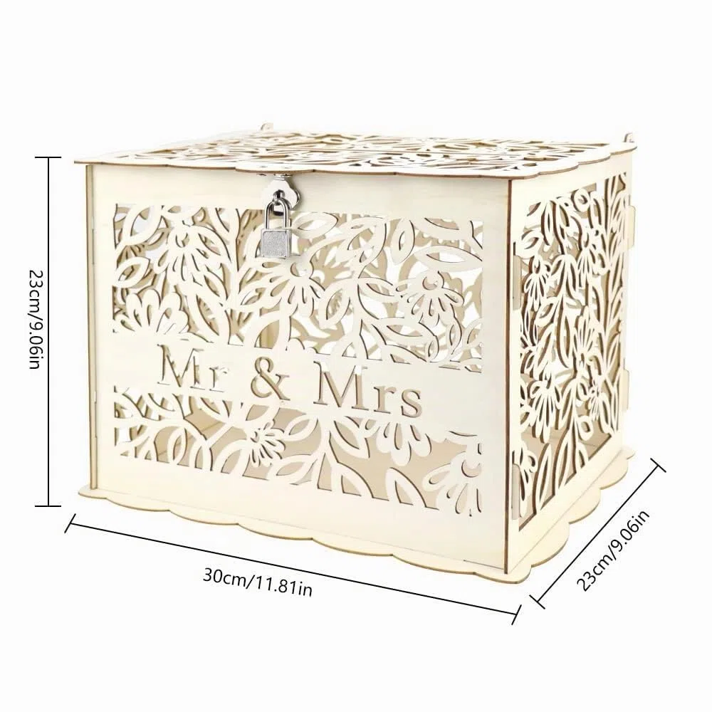 Caja de Madera para Tarjetas de Boda 30x23x23cm - Caja Tarjeta de Regalo Grande con Letrero y Cerradura para Decoración de Boda y Aniversario - Mr & Mrs