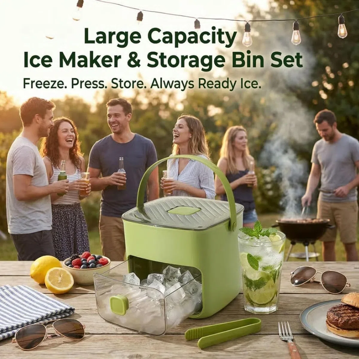 Máquina para hacer 48 cubitos de hielo con bolsa de transporte y pinzas para hielo, caja portátil para moldear, bandeja de doble capa y contenedor/tapa de fácil presión, para acampar, RV, fiest green
