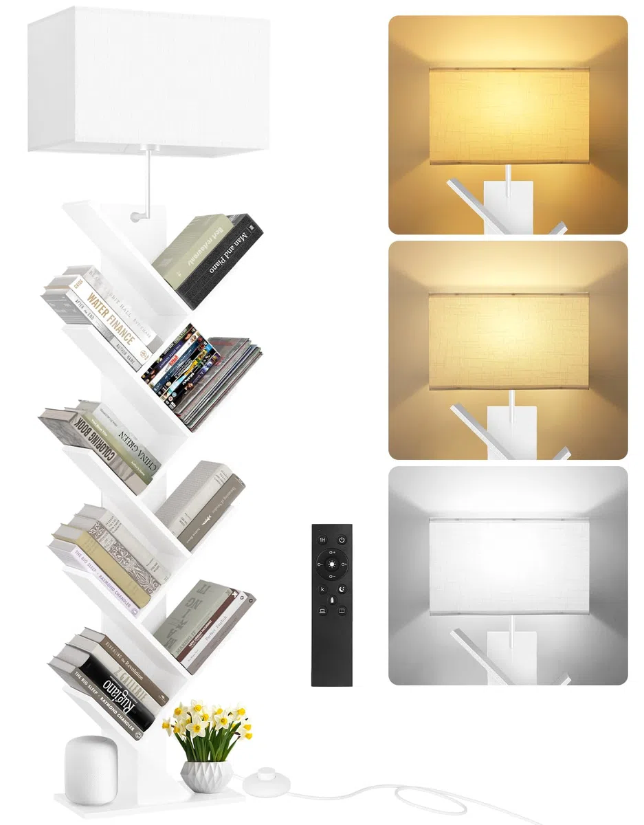 Estantería En Árbol con Luz, Estante De Esquina De 9 Niveles, con Mando A Distancia Y Temporizador, Mueble Estrecho De Madera para Libros, CDs, DVDs, Salón, Dormitorio, Oficina(Blanco)