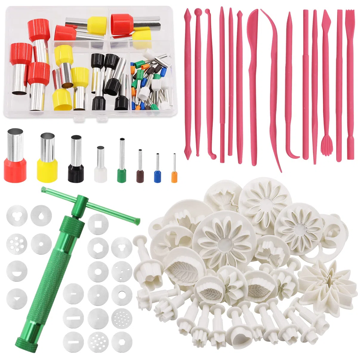 Swpeet 122 piezas de pistola extrusora de arcilla verde y molde de pastel de fondant con cortador de émbolo de galletas, decoración de pasteles, suministros de modelado