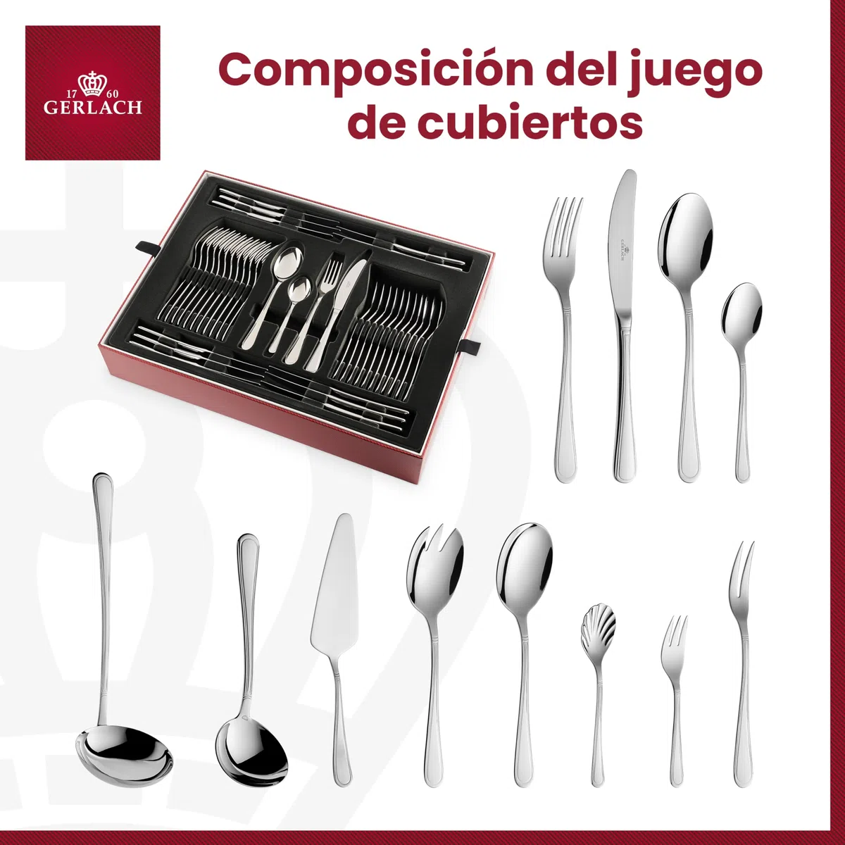 Gerlach - Cubertería Mate Antica, Acero Inoxidable, Plata, 50 x 37 x 10 cm, 68 Unidades