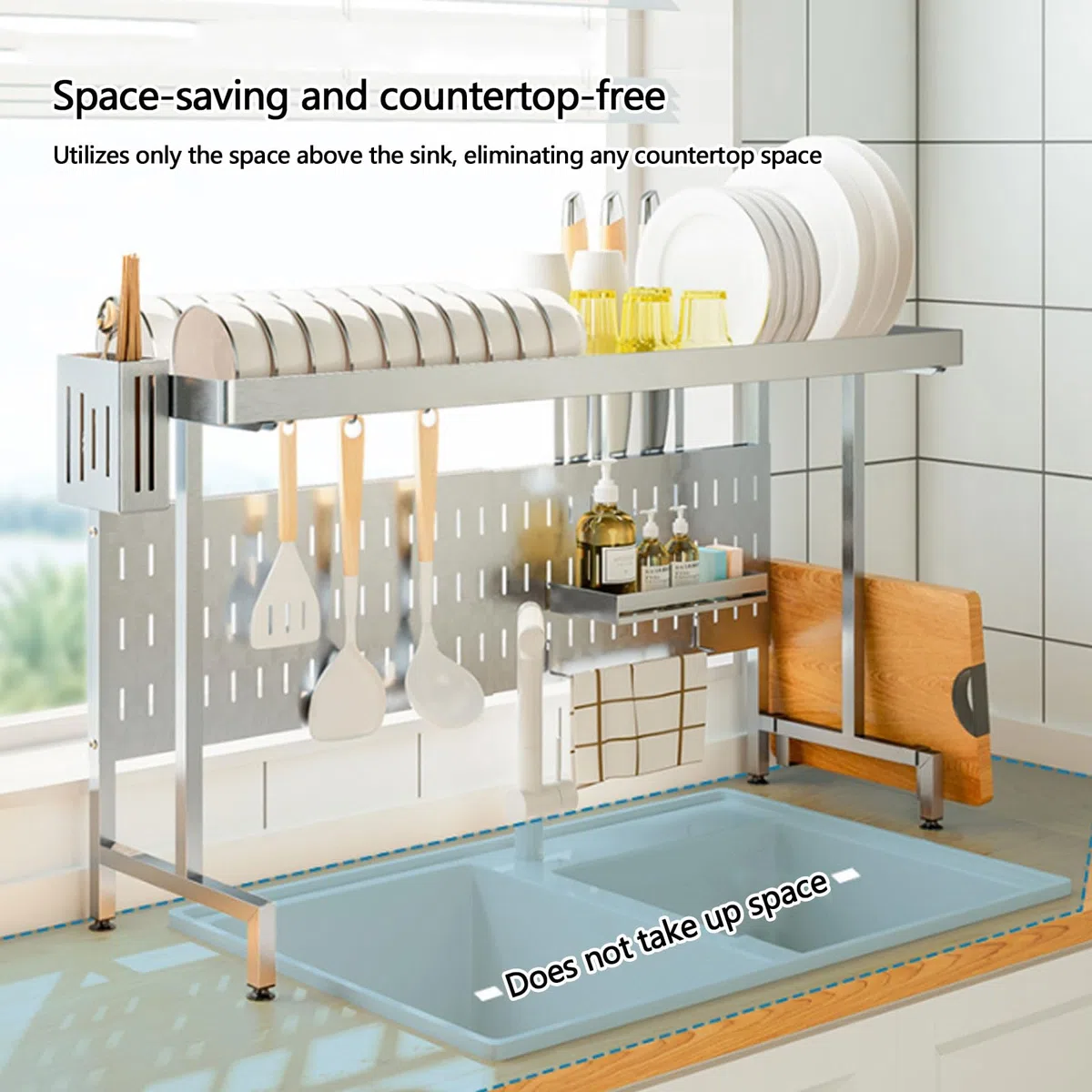 Escurridor de platos, estante de almacenamiento extensible de acero inoxidable para fregadero, diseño estable para platos, vasos, cuencos y cubiertos, organizador de cocina multifuncional