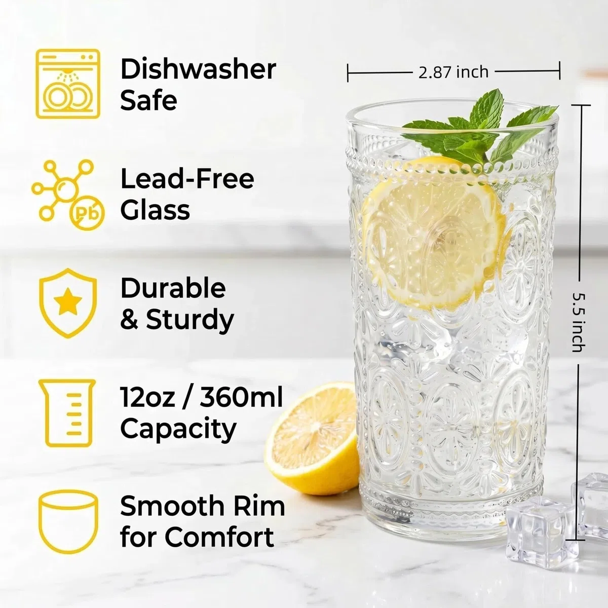Bekith Juego de 6 vasos de agua románticos de 12 onzas, vasos de alta calidad para bebidas, cerveza, refrescos, juego de cristalería vintage para cenas, bares, restaurantes