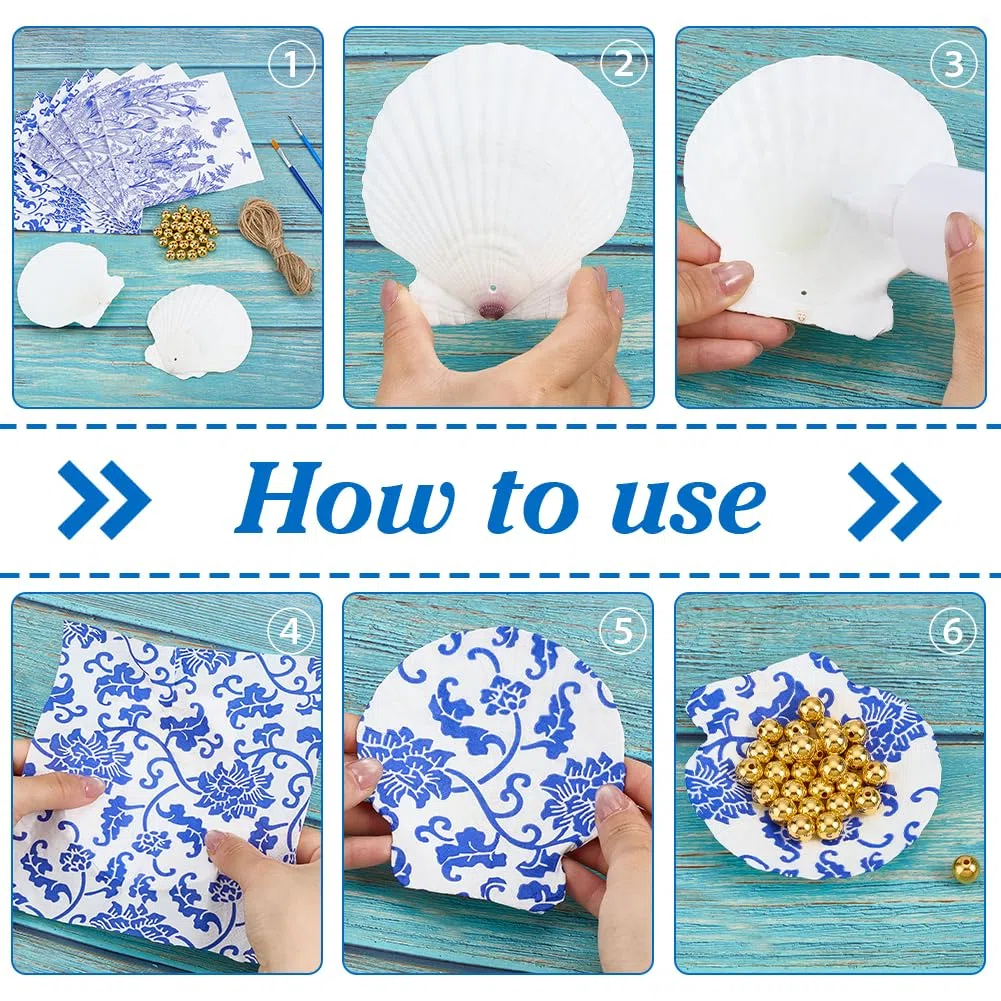 PH PandaHall Juego de 12 juegos de decoupage con conchas de vieira, grandes conchas con 24 piezas de papel para decoupage, 10 m, cuerda, 2 pinceles, 30 cuentas doradas para manualidades y bricolaje