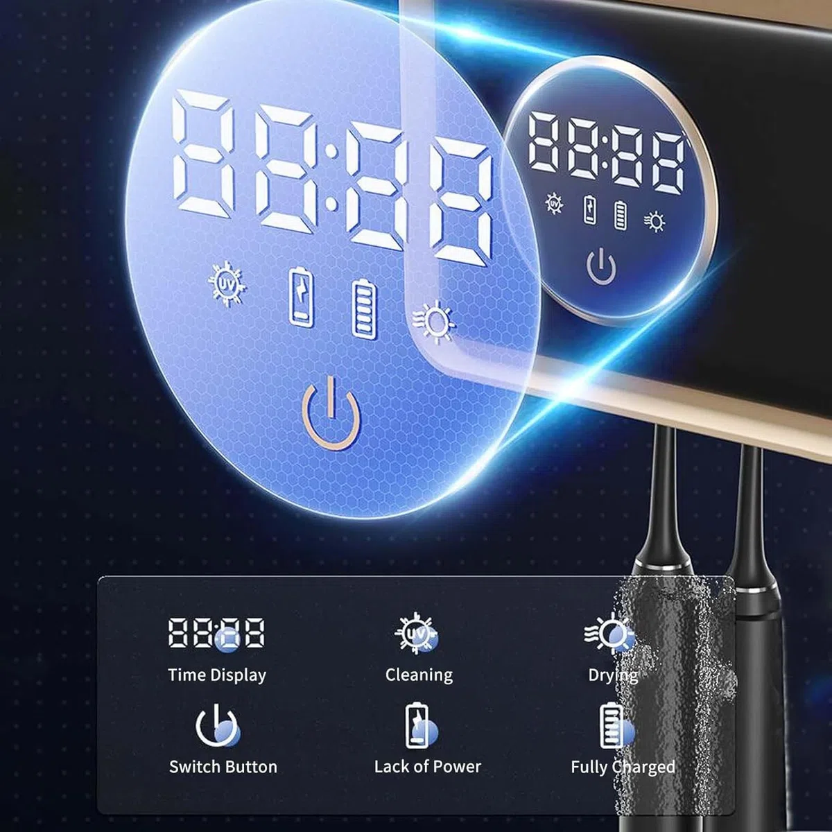 Soporte para cepillo de dientes montado en la pared con desinfectante UV y secado inteligente, pantalla LED para higiene del baño
