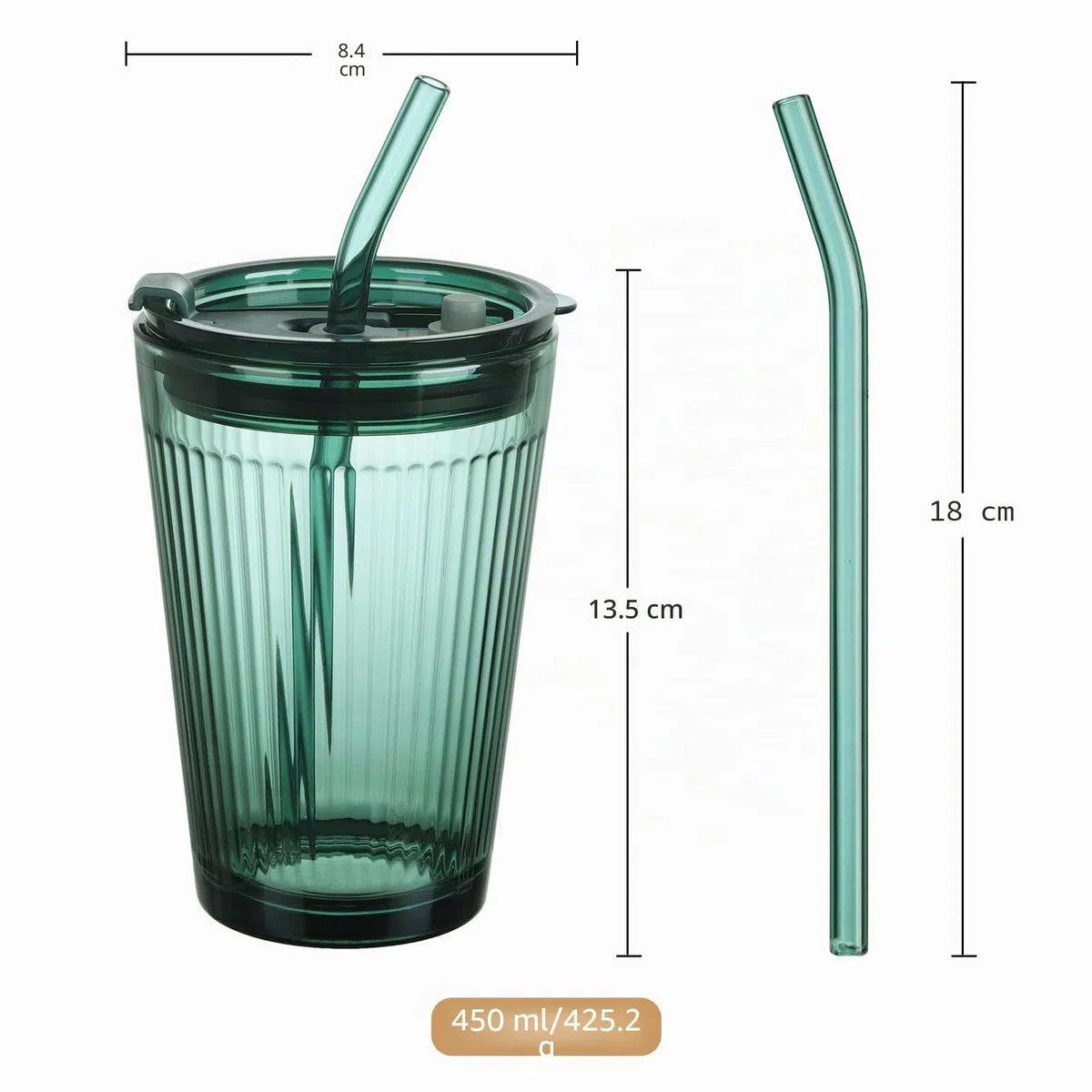Joeyan 450ml Vaso de Vidrio con Tapa y Pajitas, Juego de 2 Taza de Agua Helada Sellado a Prueba de Fugas, Rayas de Cristal Verde, Taza de Viaje pare Café,Whisky,Batidos,Jugo, Apto para Lavavajillas
