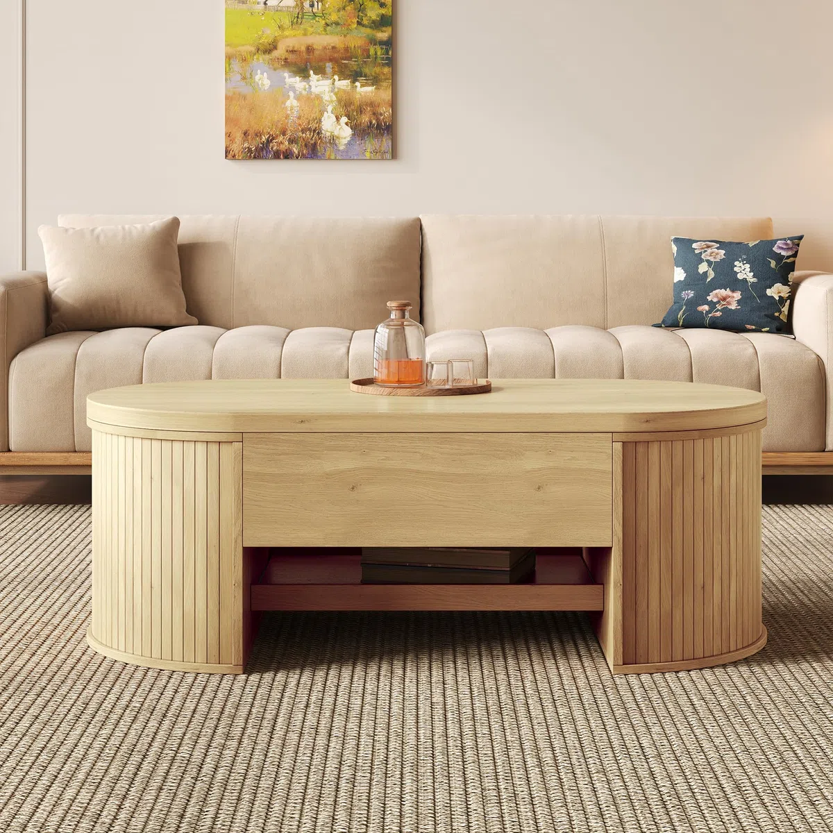 Mesa de centro con lados curvos de madera, estante extensible, mesa elevable, mueble de salón multifuncional 60 x 110 cm (color madera)