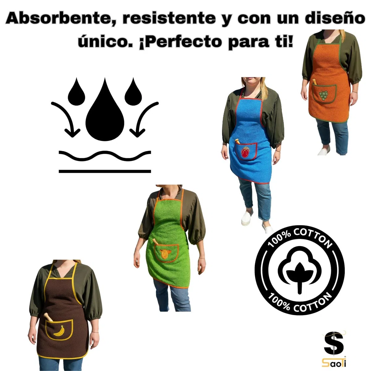 SaoTi Pack de 1,4 u 8 Delantales de Rizo/Toalla, Fabricados 100% en Algodón, frutas bordadas, ideal para secar.Delantal de cocina Mujer