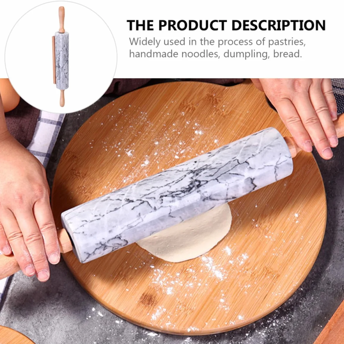 ABOOFAN Rodillo para Amasar Mármol para Mango Hornear de Madera, Práctico de Multiusos Preparación Masa en Repostería de Dumplings