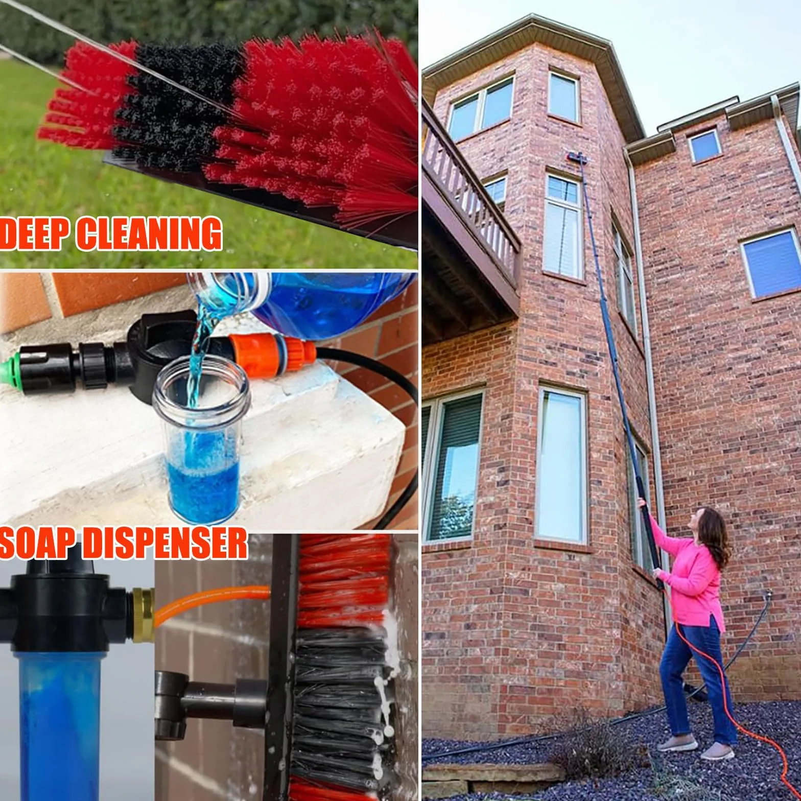 Genérico Cepillo para Ventanas con Mango telescópico de Fibra de Carbono de 10 m. Kit de Limpieza: Alimentado por Agua, escobilla de Goma, dispensador de jabón, Mango telescópico de 10 m y