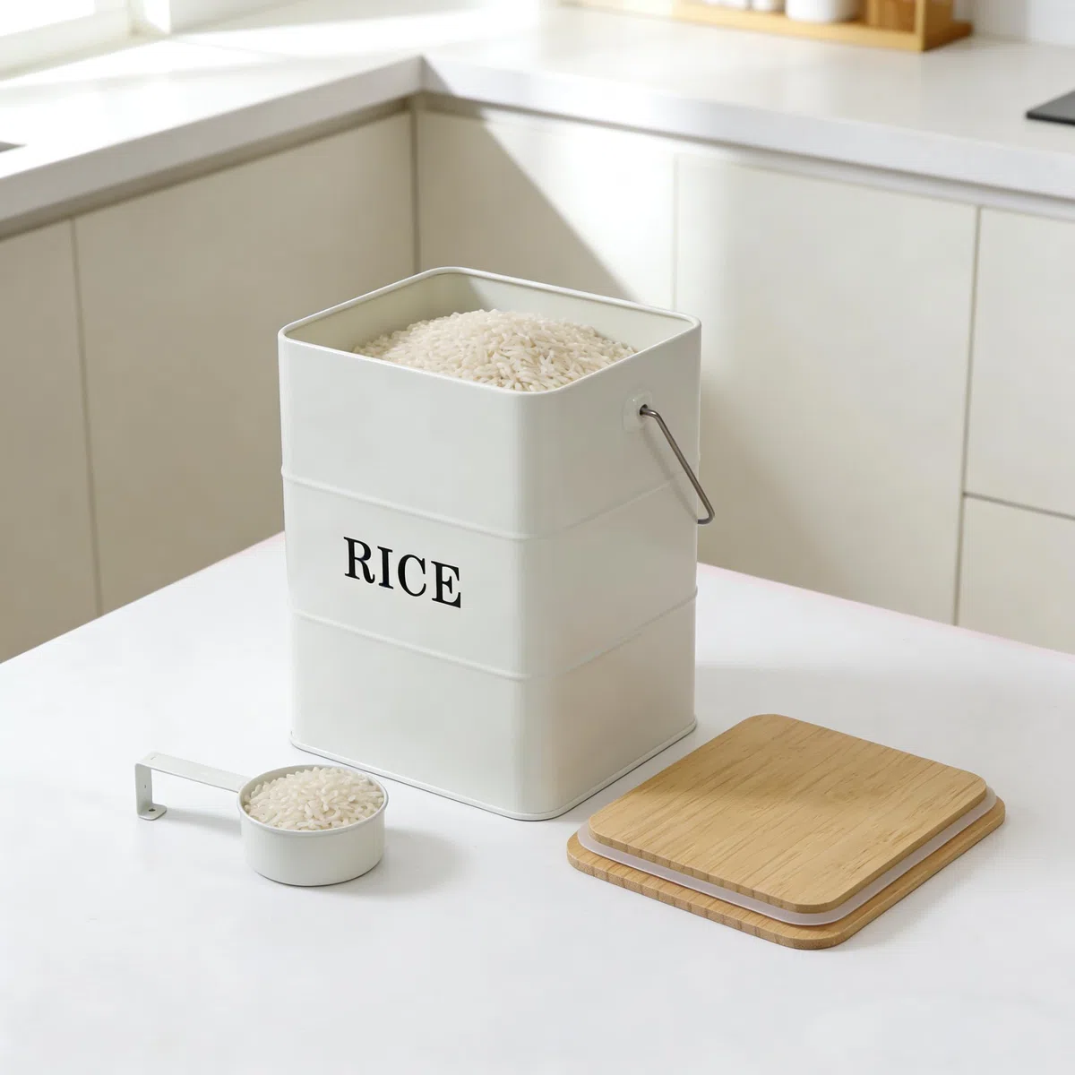 Recipiente de arroz de metal de 10 l con tapa de bambú y cuchara, recipiente de almacenamiento de arroz hermético, recipiente de almacenamiento de cocina para alimentos, recipiente de cereales