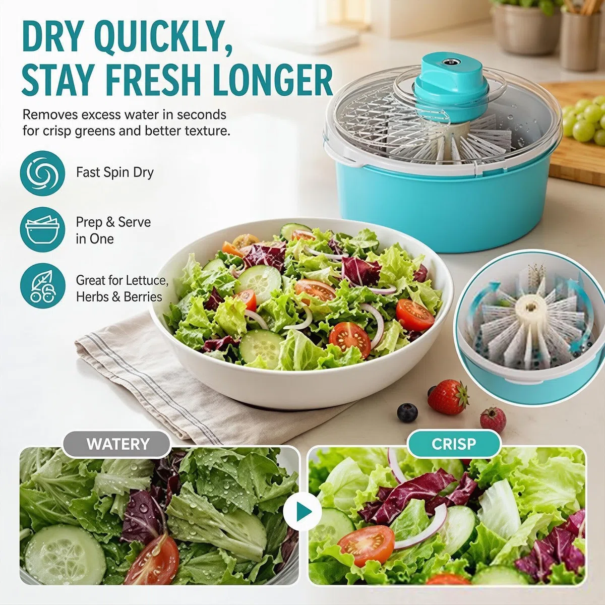Generisch Spinner Automático Y Portátil Bayas Tazón | Limpiador de frutas para ensaladas, bayas, fresas, cerezas, uvas, hogar, camping, picnic