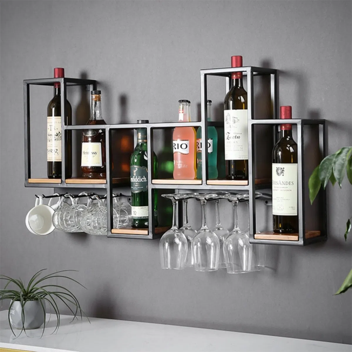 Estantería de Botellas de Vino, Botellero de Hierro de Estilo Industrial, Enfriador de Vino Montado En La Pared con Botelleros Botellero de Almacenamiento Multifuncional