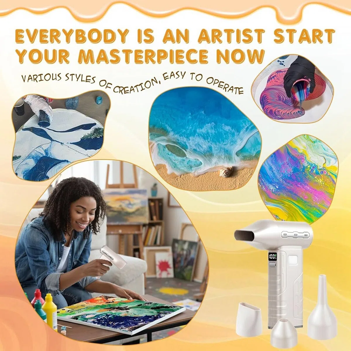 Secador de pintura inalámbrico para arte fluido con 3 boquillas, ajuste de 5 velocidades, mini soplador de vertido acrílico para arte fluido, pintura acrílica
