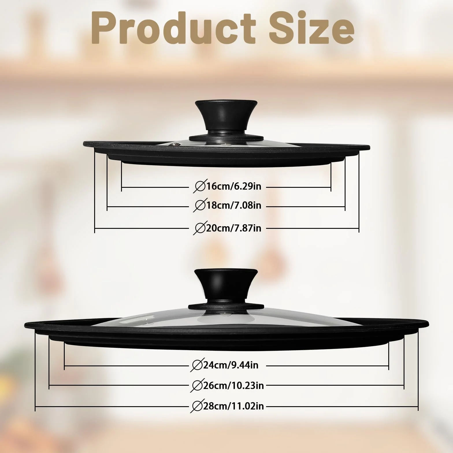 Juego de 2 Tapas Universales de Cristal con Válvula de Escape y Borde de Silicona - Tapas Universales para Ollas y Sartenes 16/18/20 cm y 24/26/28 cm (Negro)