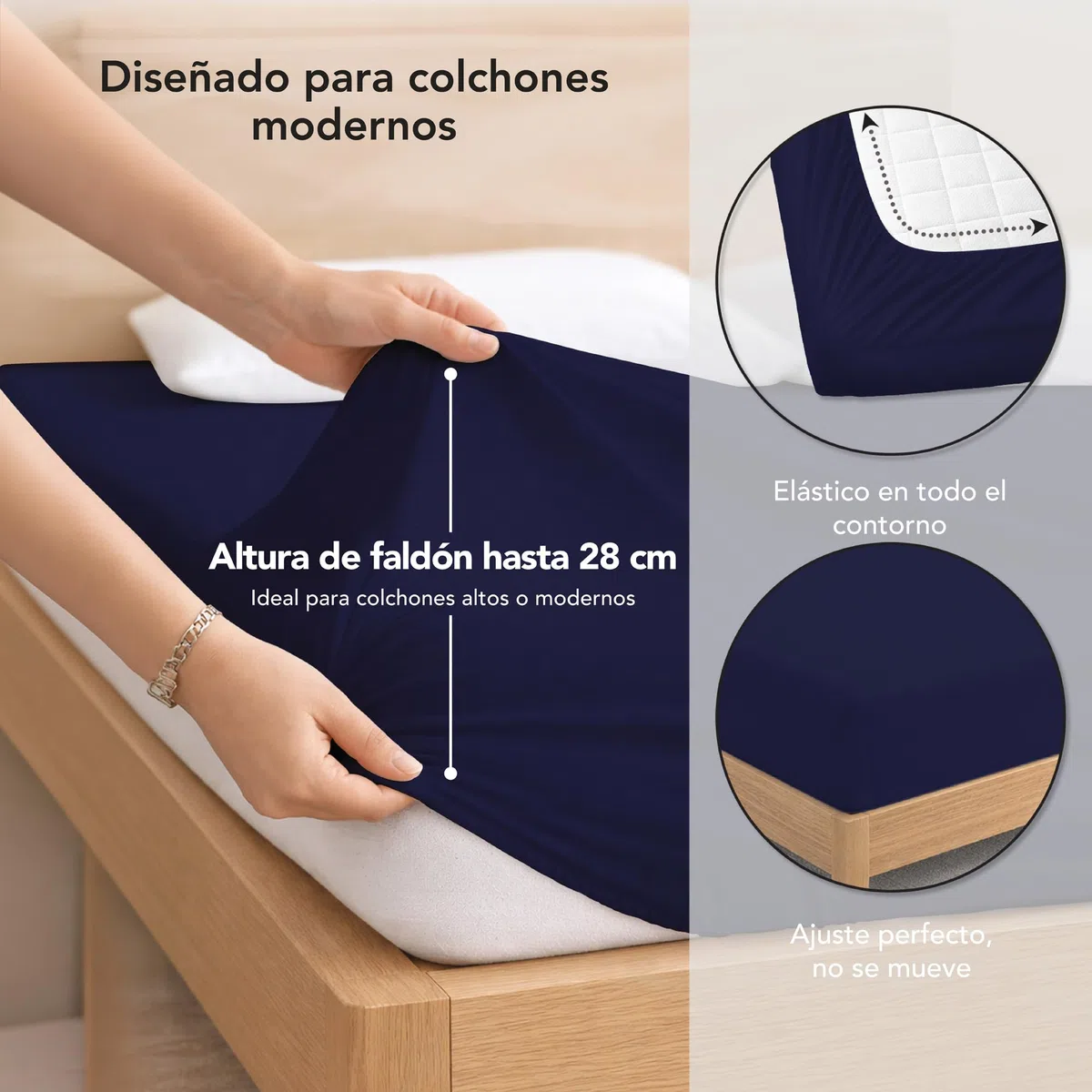 Ôhm Sábana Bajera Ajustable 150x200 Azul – Jersey 100% Algodón Elástico – Suave, Transpirable y Antiarrugas – Altura 28 cm para Colchones Altos – Oeko-Tex