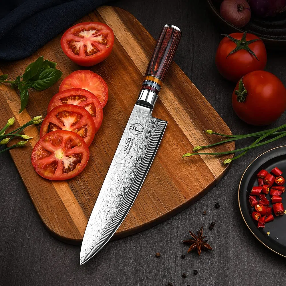 Afilado Cuchillo de Damasco 20cm, FANTECK Japonés Cuchillo de Cocinero VG10 67 Capas de Acero, Cuchillo de Cocina Cuchillo Verduras Gyuto Cuchillo de Chef Damasco - Mango de Madera Pakkawood
