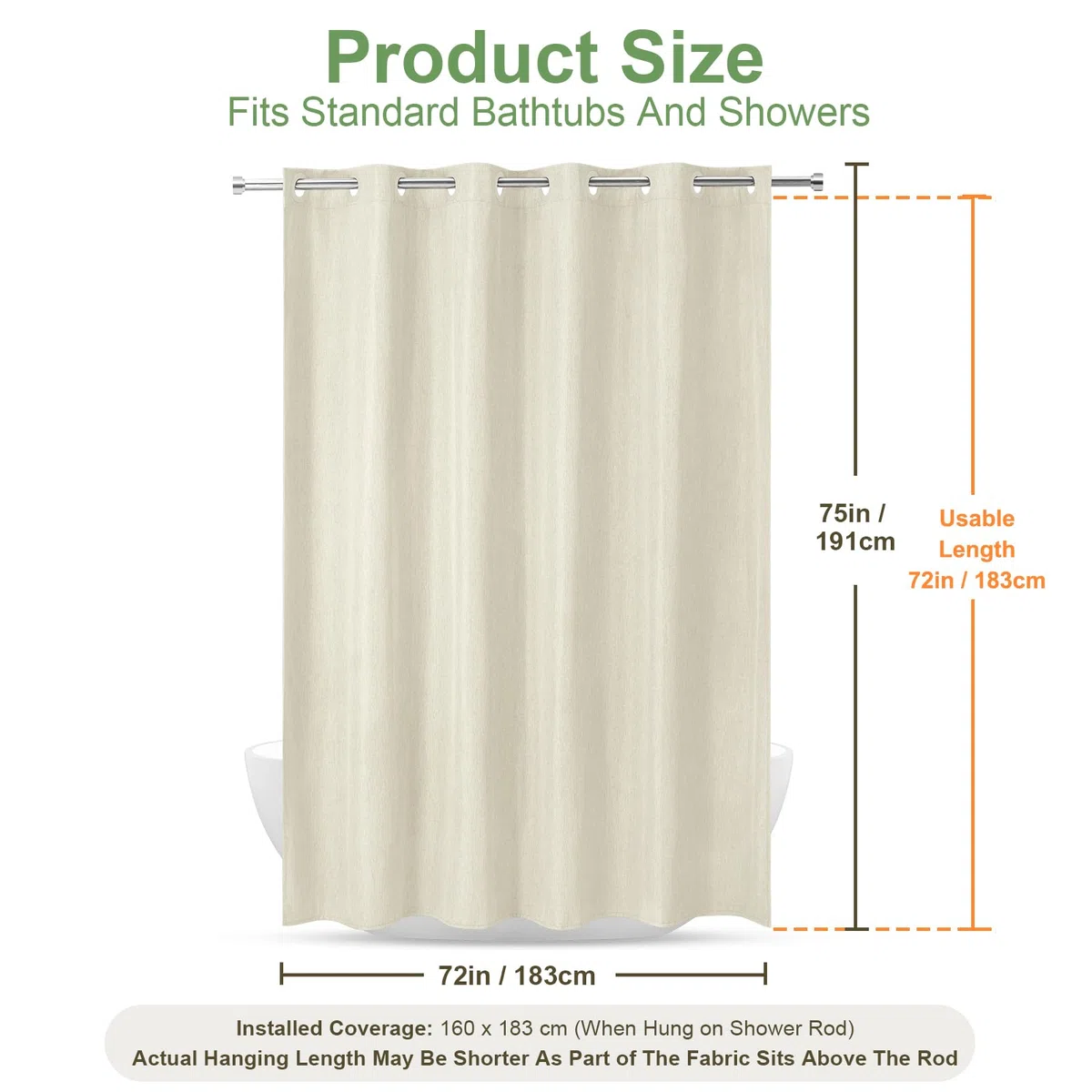 Cortina de Ducha de Lino Texturizado con Revestimiento Impermeable, Ojales Grandes, 230GSM Cortina de Baño de Tela Resistente, Dobladillo Pesado, Lavable, Instalación Fácil, 183x191cm, Crema