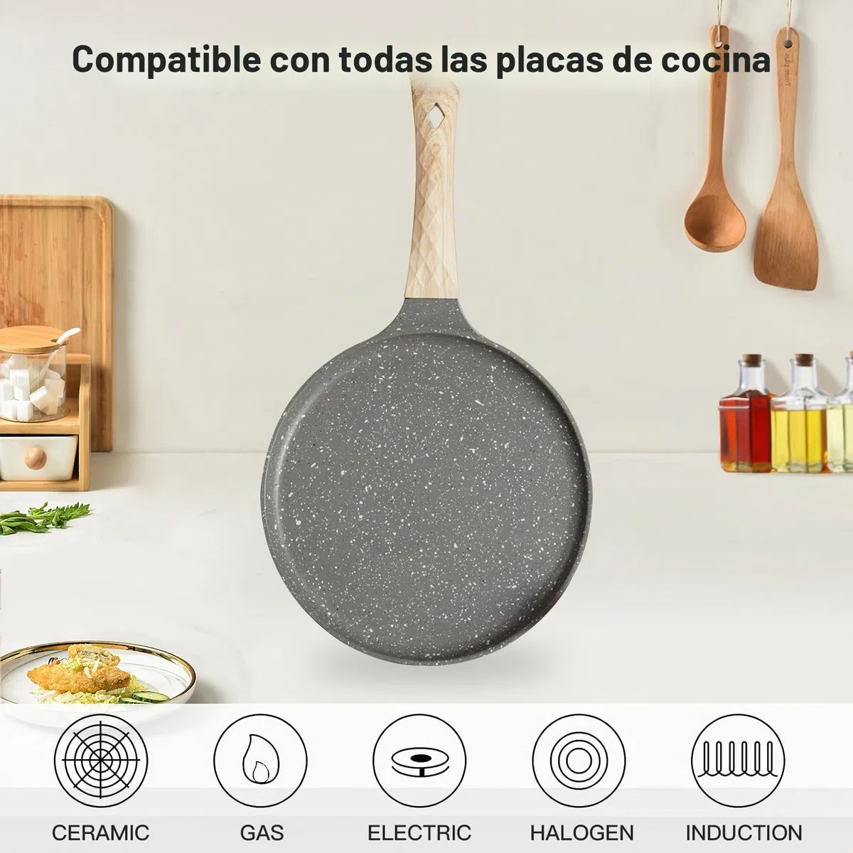 Sarten Crepes, 28 cm Crepera Sarten con Distribuidor de Masa, Revestimiento Antiadherente, Libre de PFOA, Compatible con Inducción