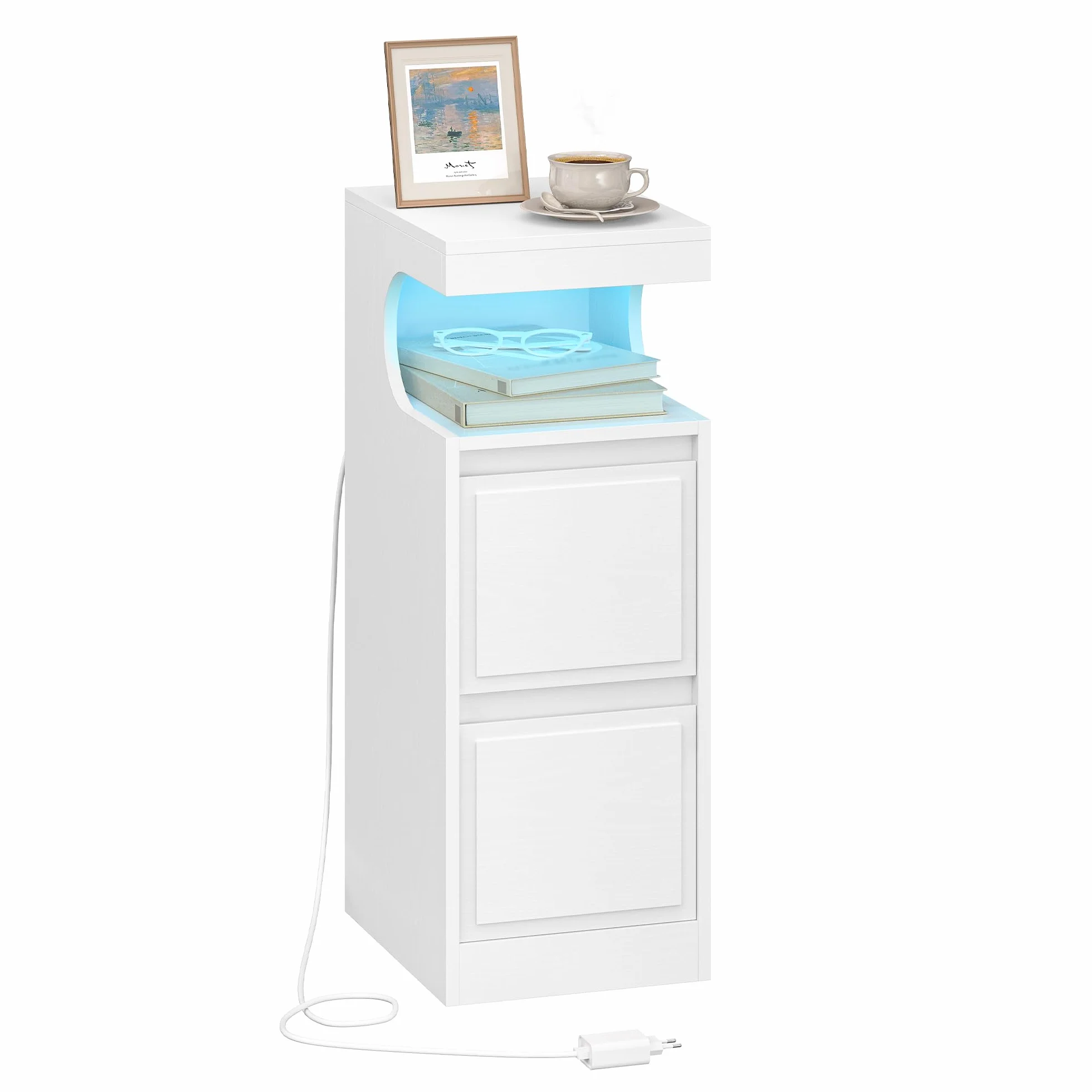 Hzuaneri Mesilla de Noche con LED, Mesas Auxiliares con 2 Cajones, Mesilla de Noche con Compartimento Abierto, luz Regulable, para Dormitorio, Salón, 30 x 24 x 65 cm Blanco NS39113X