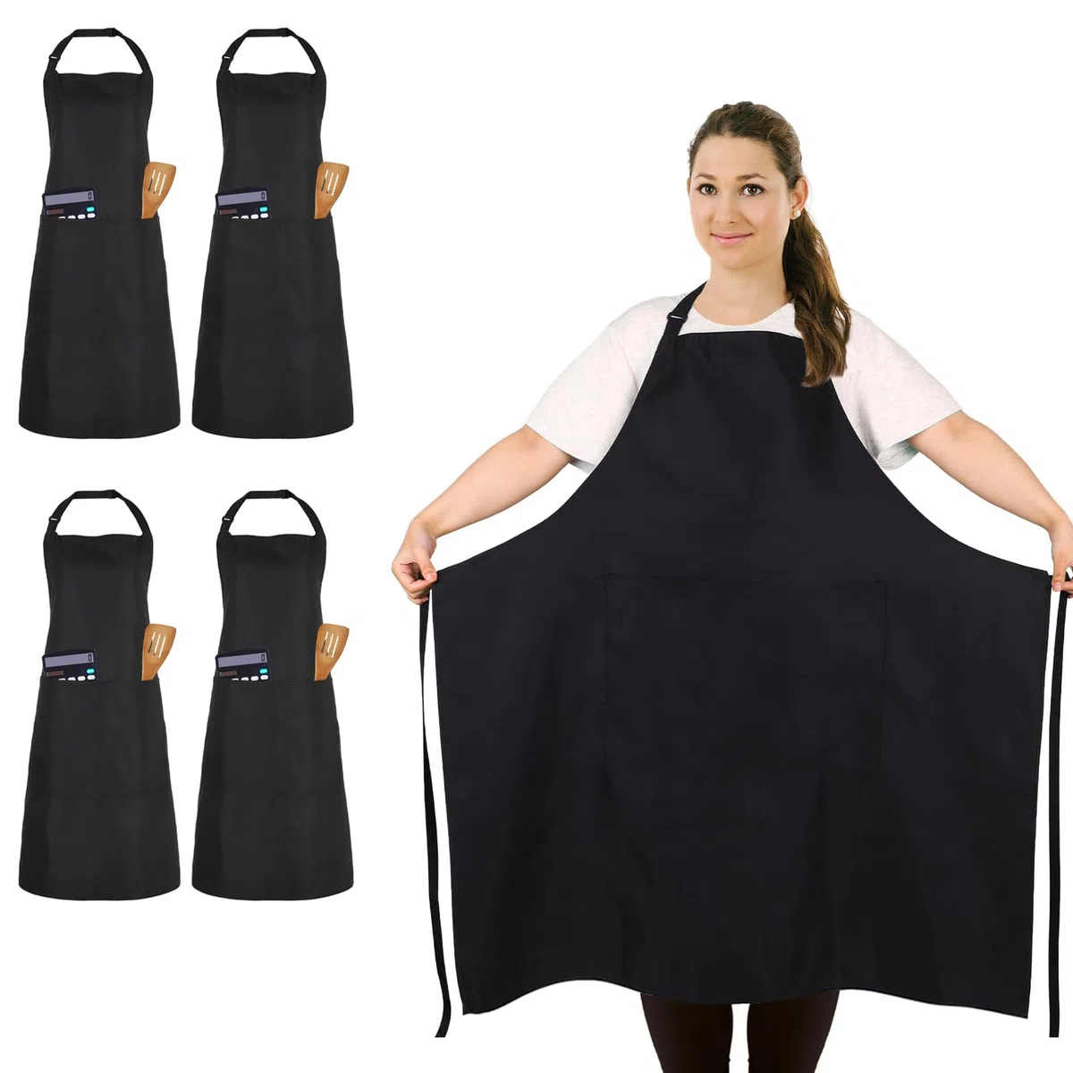 4 Piezas Tamaño grande Delantales, Negro Chef Delantal Impermeable con 2 Bolsillos Ajustable, Delantal de Cocina para Hombres y Mujeres, Cocinar, Restaurante, Café, Hornear