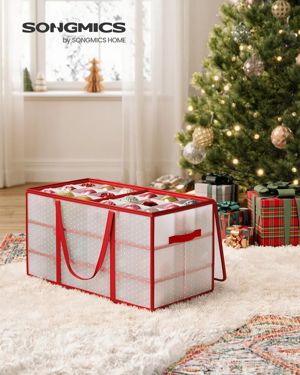 SONGMICS Caja Grande para Adornos de Navidad, 10,2 cm 54 Ranuras, Caja de Plástico para Adornos de Navidad con Tapa, Doble Cremallera, 6 Bandejas, Asas Laterales, Rojo Cereza RFB030T01