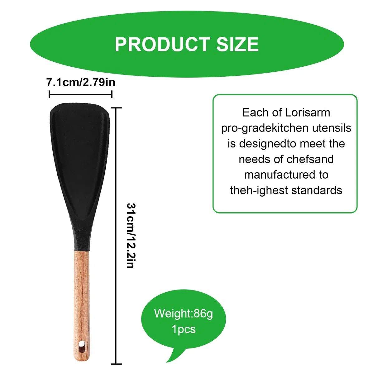Espátula multifunción, cuchara de silicona antiadherente con asas de madera, cuchara multifunción mate para agitar, hornear, freír, raspar y recoger (negro)