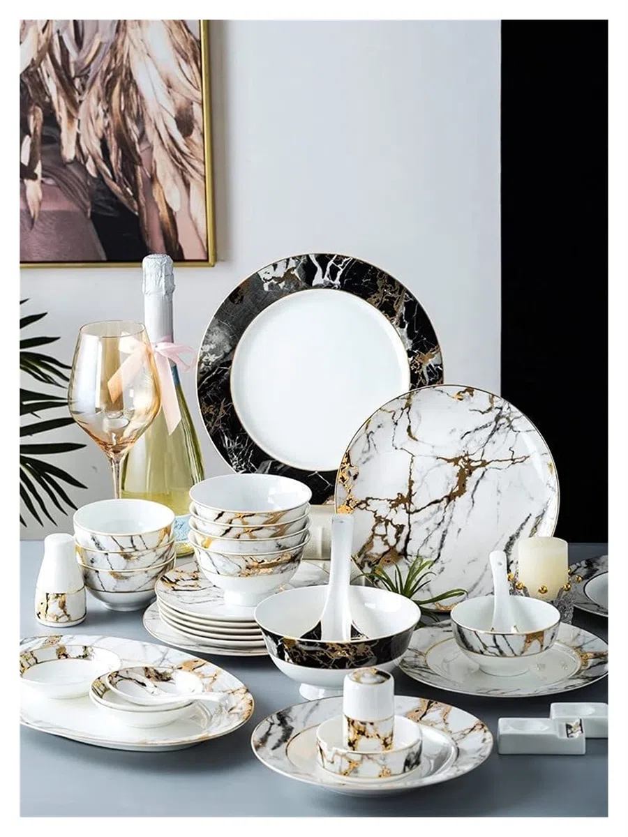 Vajilla Elegante para Restaurante y Hogar de Lujo, 72 Piezas Vajilla de Porcelana de Mármol Phnom Penh, Cuencos, Platos, Vajilla de Porcelana Fina, Servicio para 10 Utensilios de Cocina