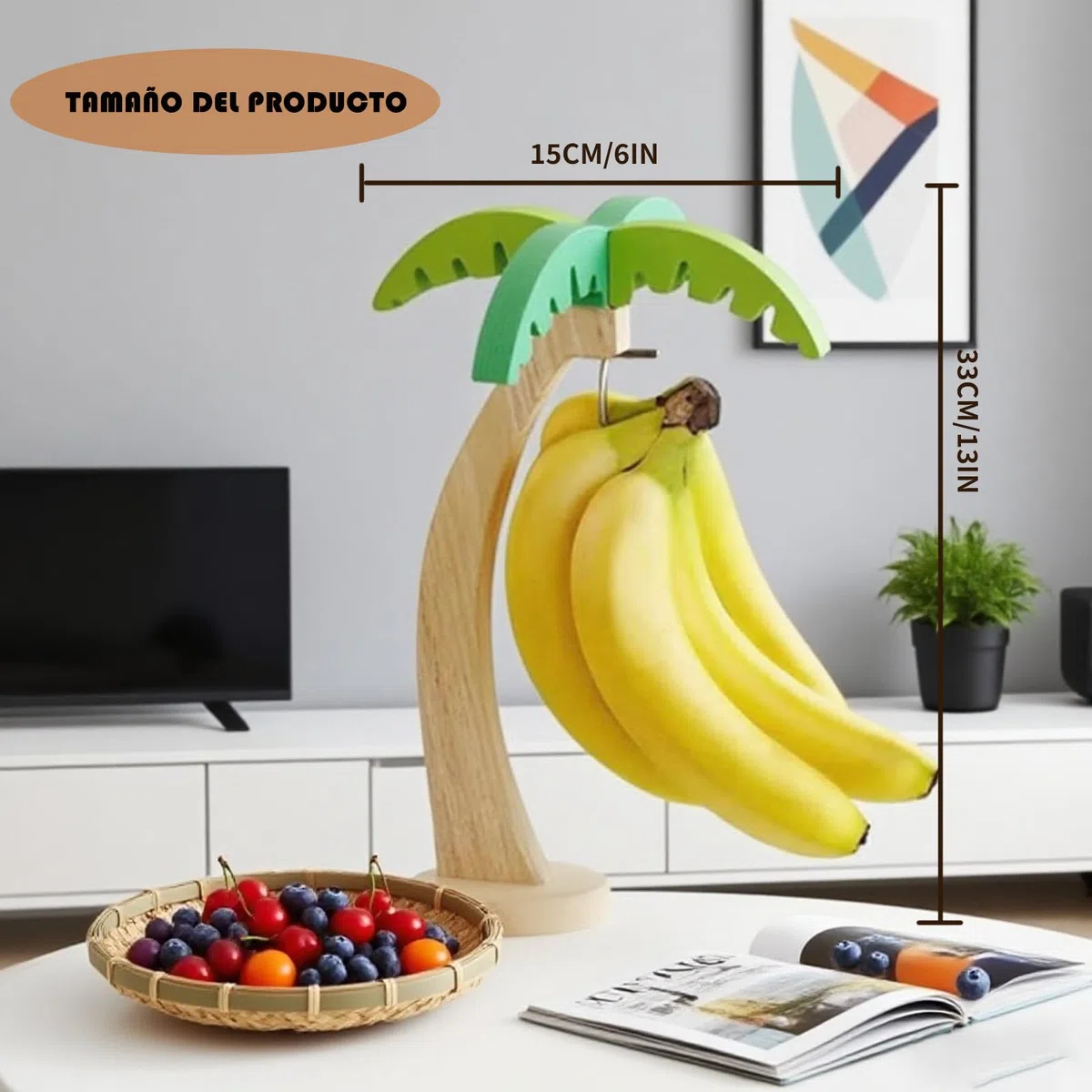 Soporte para Plátanos， Soporte para con Gancho de Acero Inoxidable Duradero, de Plátanos de Madera， de Organizador de Frutas para Hogar y Duradero y Ligero para Bananas y Otro