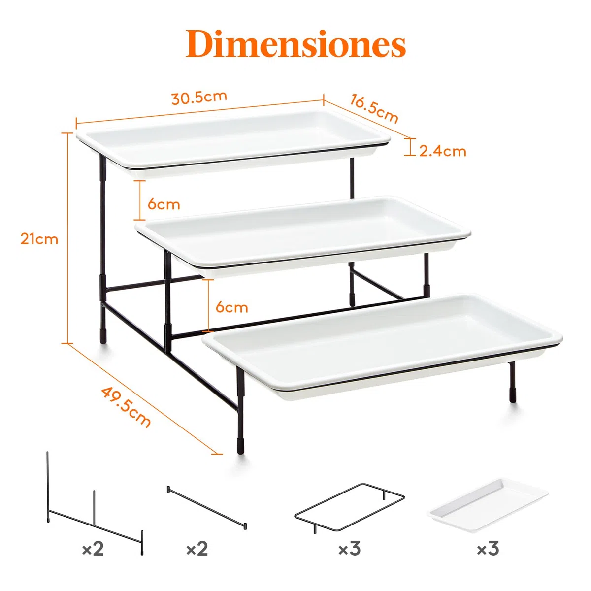 Bandeja de 3 Niveles para Fiestas Lifewit, Bandejas de plástico de 30x17cm para Alimentos, Bandejas Reutilizables Blancas con Soporte de exhibición de Metal Negro para Alimentos