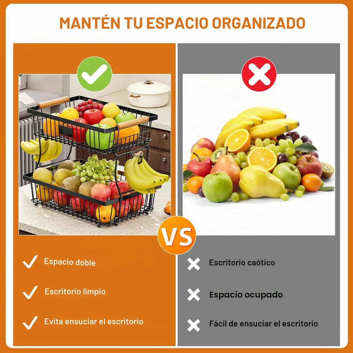 Frutero 2 Pisos, Fruteros de Cocina, Diseño Desmontable, Frutero para Guardar Fruta y Verdura (Negro)