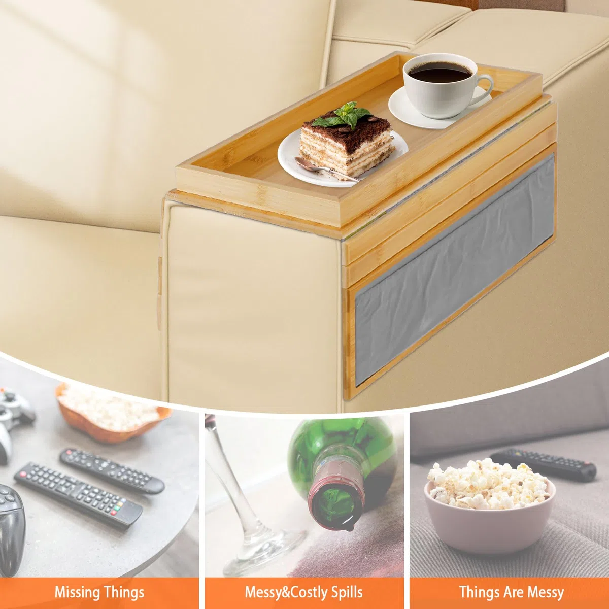 Bandeja para Sofá de Bambú Organizador de Reposabrazos Plegable con Bolsillo Lateral, Organizador de Mandos para Bebidas y Aperitivos, Posavasos para Reposabrazos -Base Antideslizante