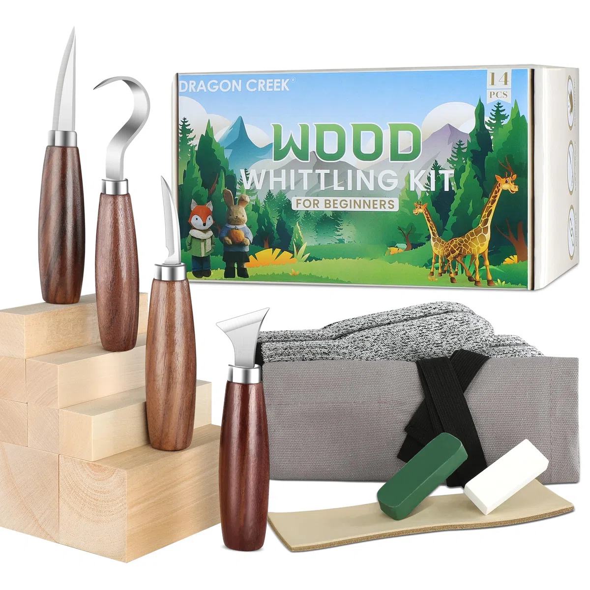 Dragon Creek Herramientas para tallar madera -17 piezas, cuchillo infantil de alta calidad, incluye guantes resistentes a los cortes, 8 piezas de madera, 4 cuchillos para tallar niños, juego de