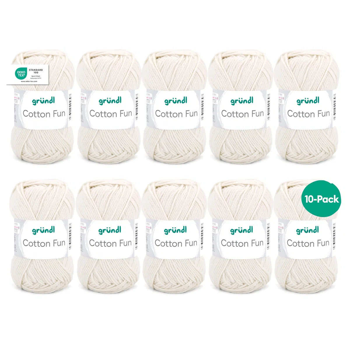 Gründl Cotton Fun (algodón para ganchillo, juego de ganchillo, hilo suave de algodón 100%, certificado OEKO-TEX, 50 g/115 m, tamaño de aguja: 3-4, 10 ovillos de 50 g), Crema