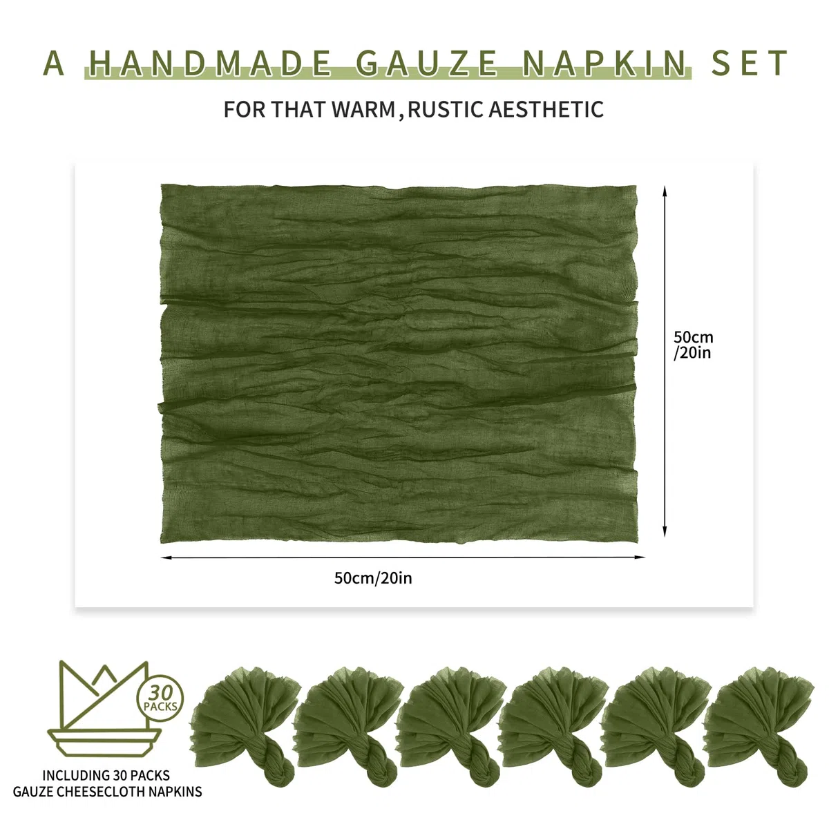 Teruntrue Lote de 30 servilletas de Tela Color Verde Oliva, 50 x 50 cm, servilletas de Gasa, servilletas de Mesa Estilo Bohemio para cenas, Decoraciones para Bodas y Fiestas de cumpleaños