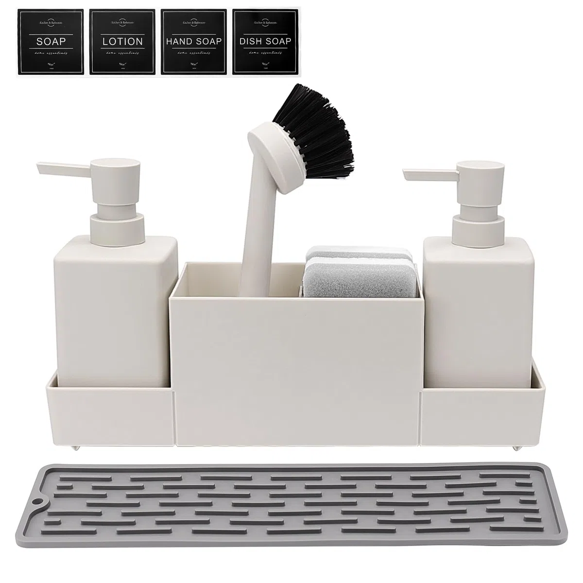 CAUTIOUS Organizador de Fregadero, Dispensador de Jabón de Esponja de Llástico, Juego de Dos Dispensadores de Jabón Líquido Lavavajillas 350ml, Organizador de Utensilios de Cocina (Blanco)