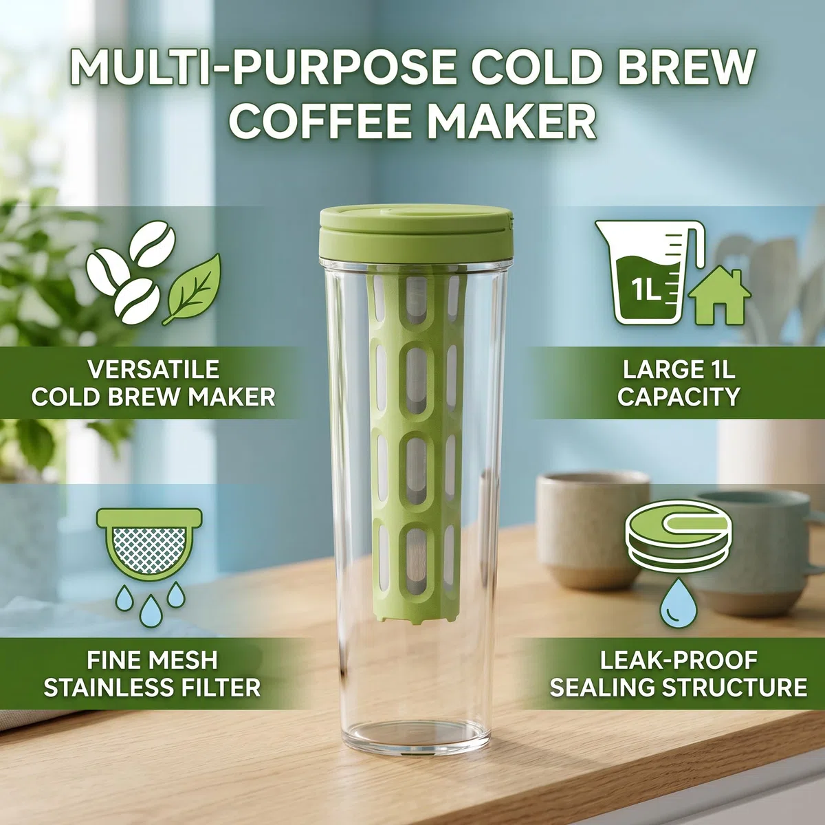 Alomejor Cafetera Fría de 1L, Botella de té Multifuncional, Botella de Agua Sellada con Filtro