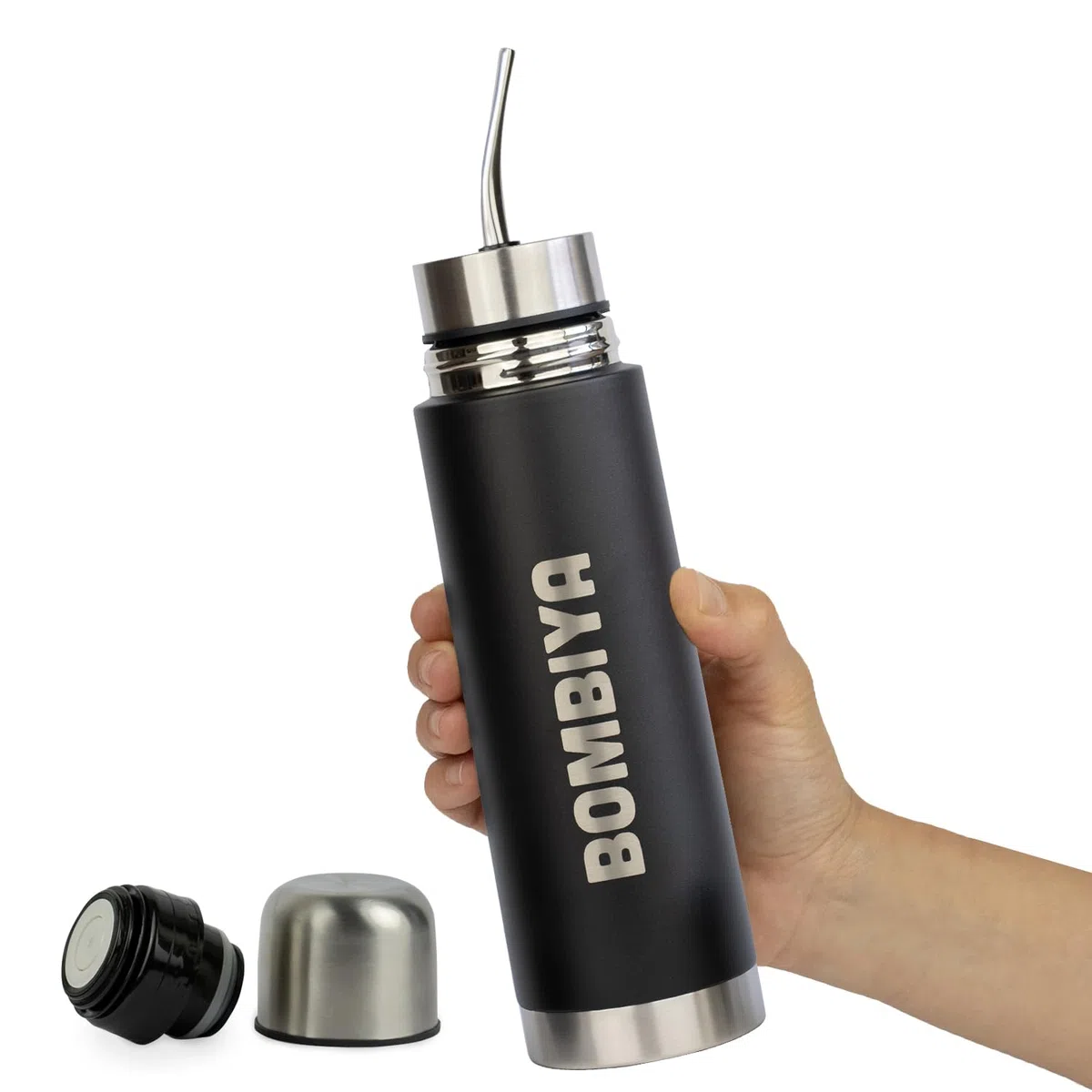 Termo mate autocebante con todas sus partes de acero inoxidable – Kit todo en uno solo agrega tu yerba – 2 en 1 cambiando su tapa es un termo clásico – La evolución del mate listo (Negro)
