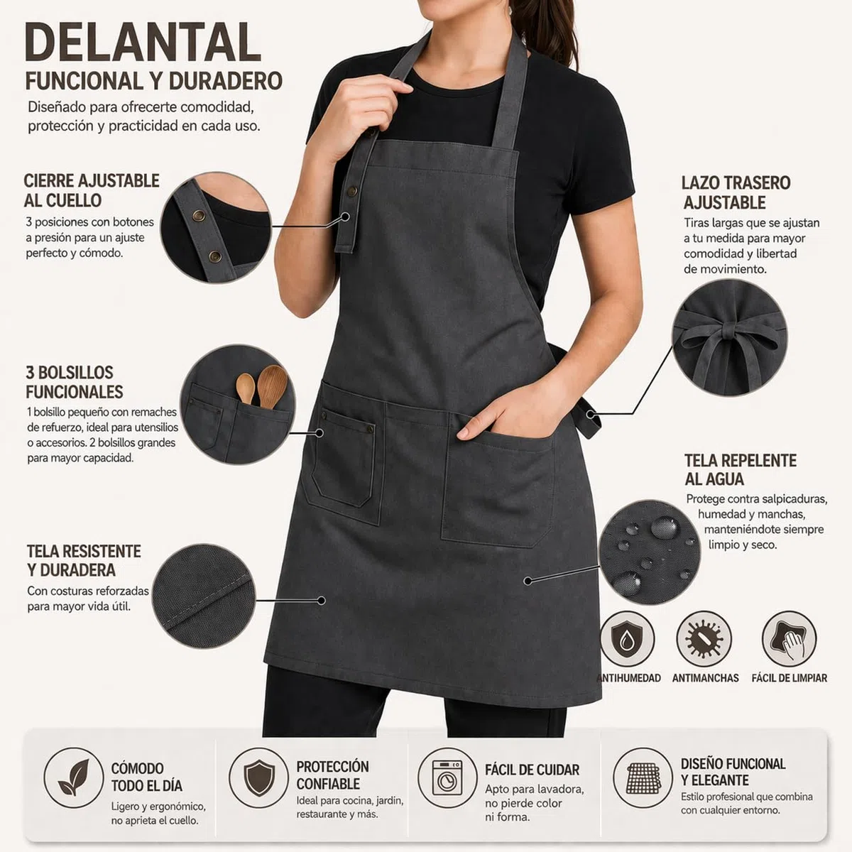 2 Delantal Cocina Hombre Mujer con Bolsillos, Impermeable y Ajustable. Delantal Camarero – Mandil Cocina Hostelería, Restaurante