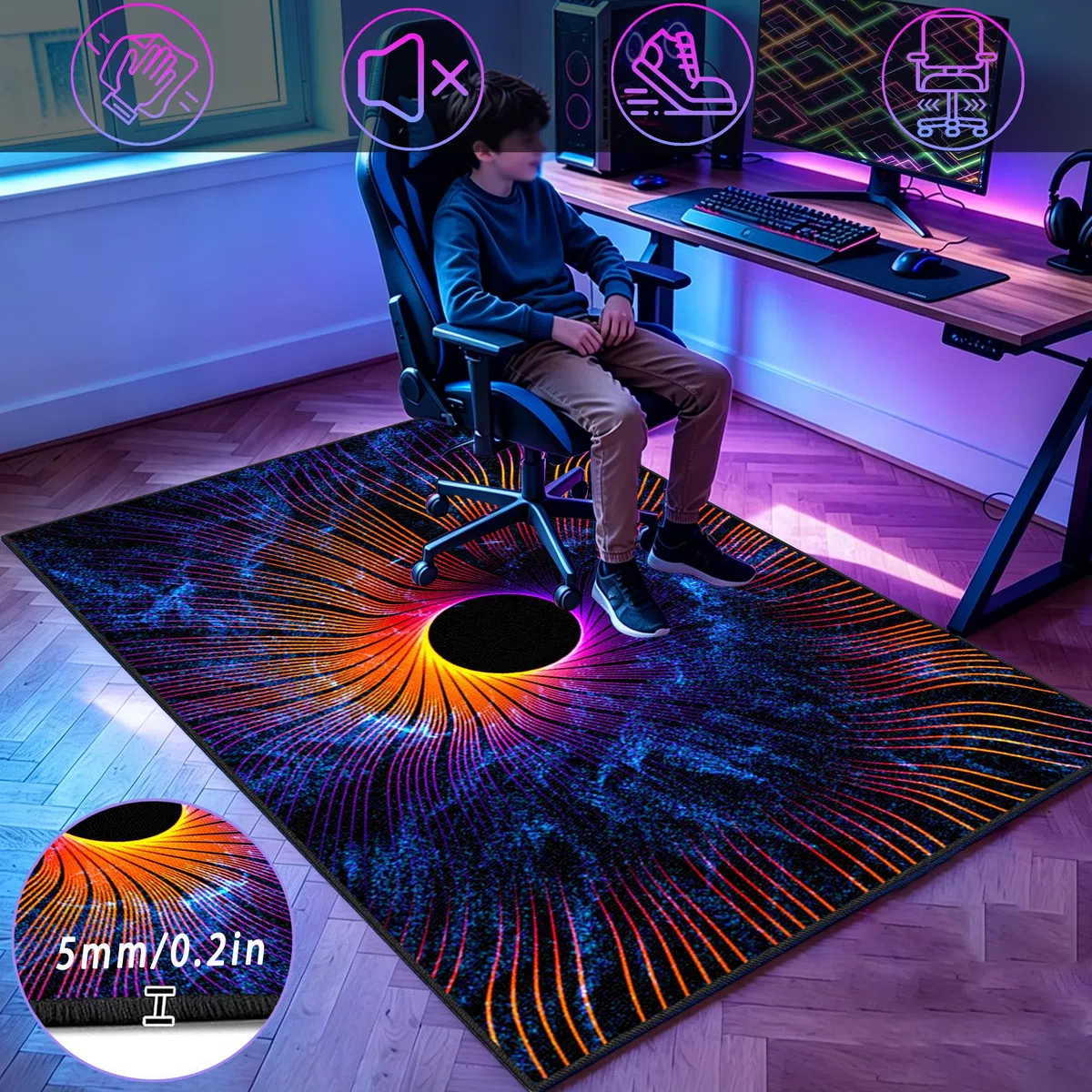 Alfombra Salon Grande Lavable, Alfombra de área de juegos para dormitorio de niños, 3D Alfombras Gamer Gaming antideslizante, Alfombra Habitación Juvenil para Sala de Juegos, Dormitorio 200 x 250 cm