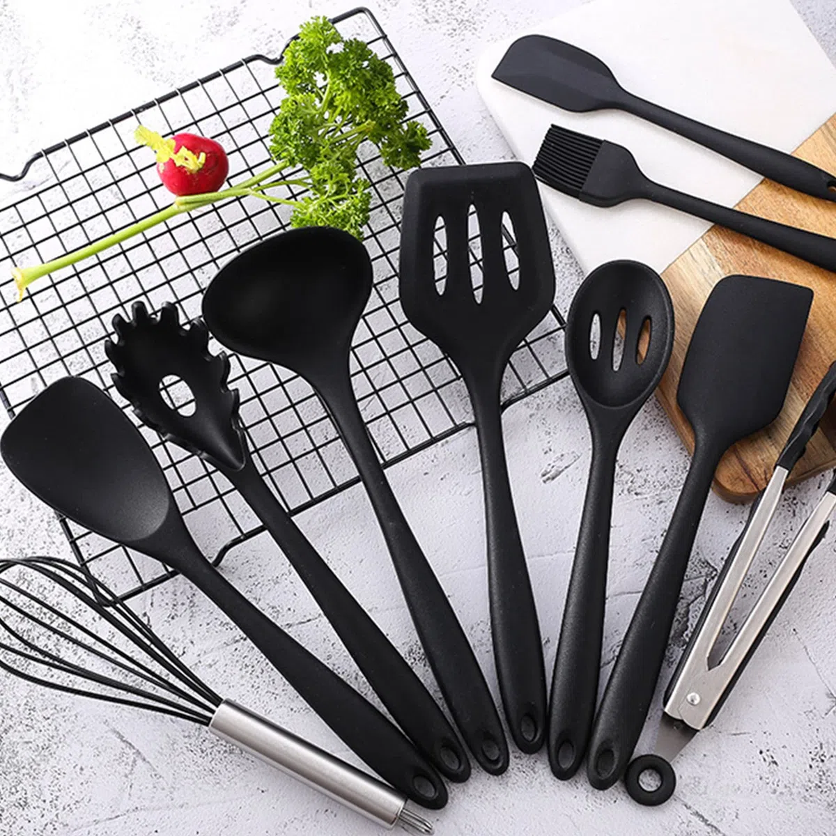 Utensilios Cocina de Silicona Antiadherente, 49 Piezas, Resistente al Calor, sin BPA, 5 Cucharas Medidoras y 20 Ganchos (Negro)