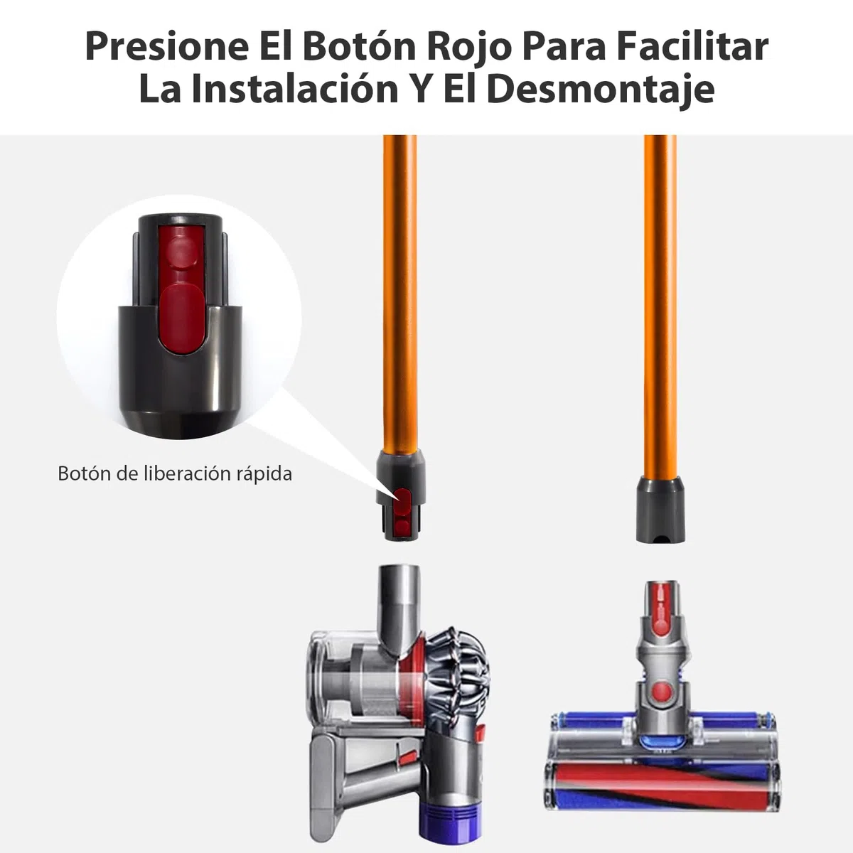 Tubo de Extensión Rígido para Dyson V7 V8 V10 V11 V15, con Conexión Rápida y Dos 2 en 1 Cepillos, Naranja