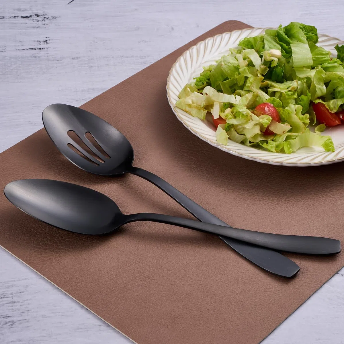 Juego de 6 piezas de servir grandes, 3 cucharas y 3 cucharas ranuradas, utensilios de acero inoxidable negro mate de 10.6 pulgadas, aptos para lavavajillas, para cocina, bufé, fiesta