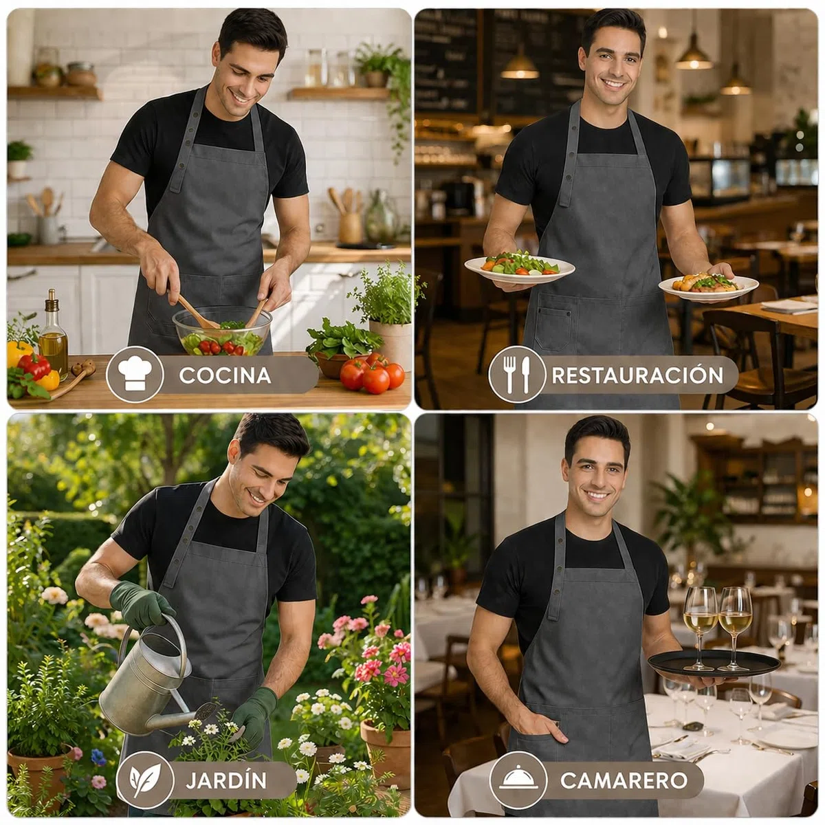 2 Delantal Cocina Hombre Mujer con Bolsillos, Impermeable y Ajustable. Delantal Camarero – Mandil Cocina Hostelería, Restaurante
