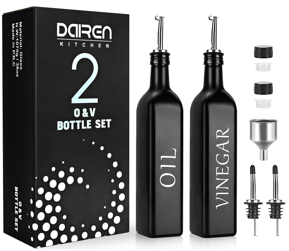 DaiRen Kitchen Juego de 2 dispensadores de aceite y vinagre, dispensador de aceite de oliva blanco y negro con soporte de almacenamiento y boquilla de acero inoxidable, 500 ml, juego de cristal