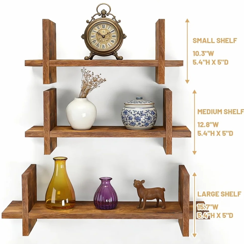 Juego de 3 estanterías de pared de madera, de madera maciza, estantería flotante en diseño industrial, estantes colgantes para fotos, libros y decoración, para salón, dormitorio, cocina